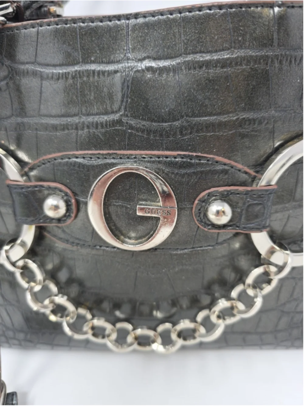 GUESS Y2K Vtg Black Croc Embossed Gunmetal Grey Bag Large Logo Designer Purse